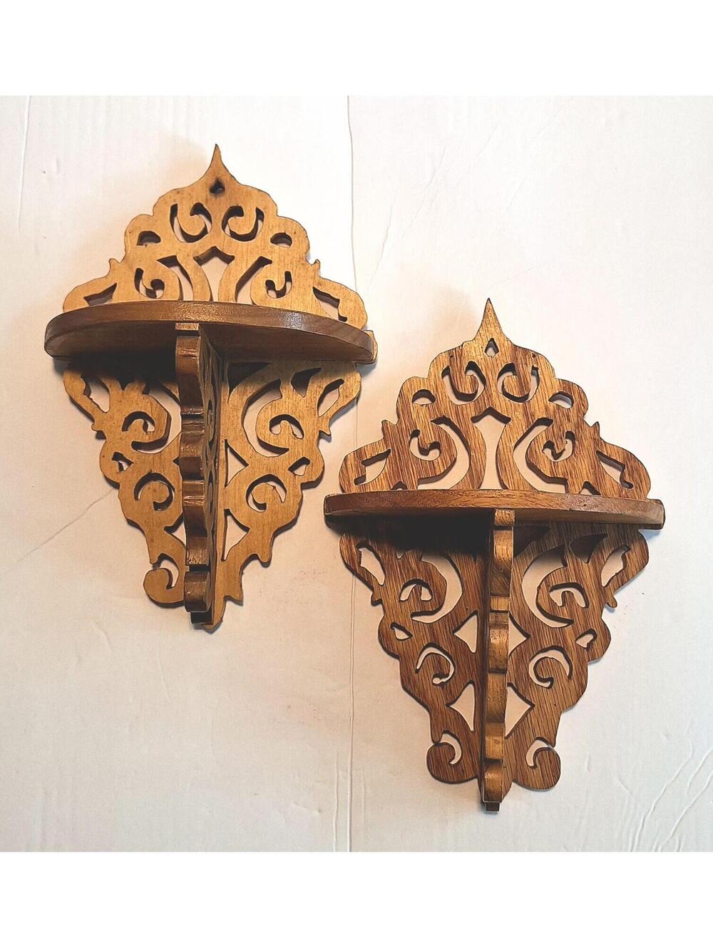 2 Intricate Hand Carved Wooden Wall Shelves Boho India 9"H X 6"W X Protrudes 3"